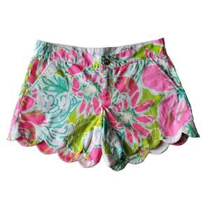 LILLY PULITZER 00 Buttercup Shorts Scalloped Hem Pink Aqua Floral Waist 28"